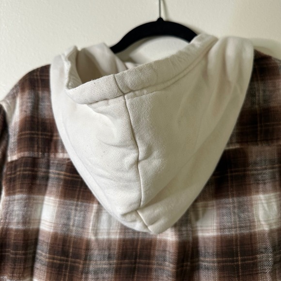 Y2K American Eagle Outfitters Flannel Plaid Button Up Hoodie Shirt Brown White M - Picture 8 of 8